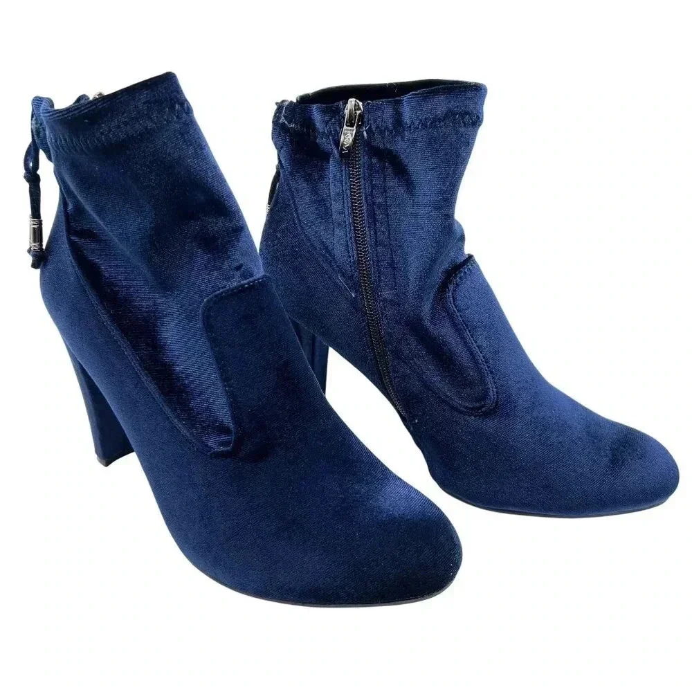 NEW Blue Velvet Ankle Booties Women 10M Zip Closure Block Heel Boots Elvis Shoes